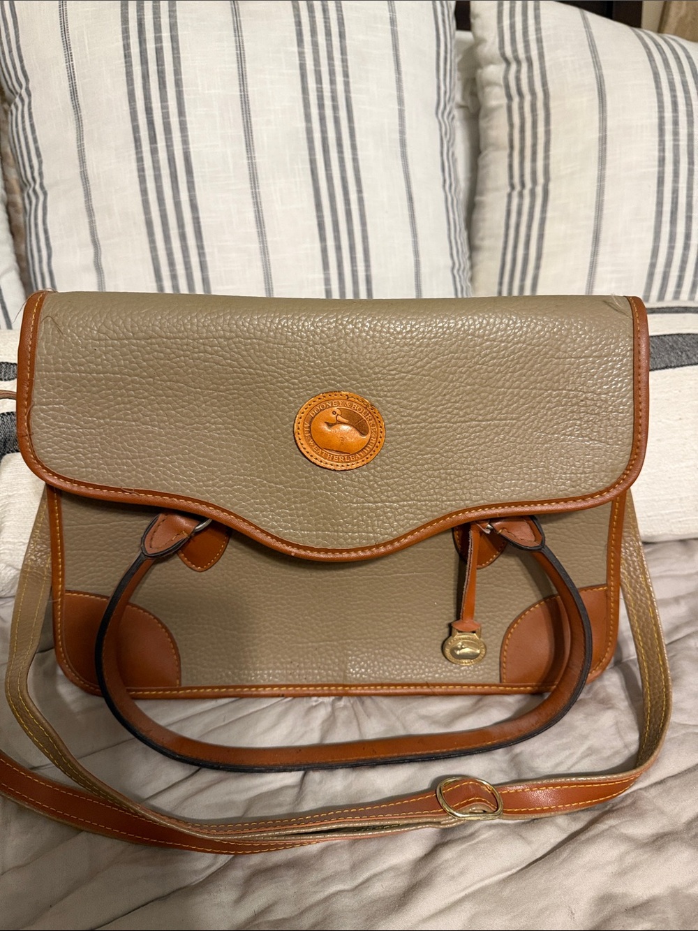 Dooney & Bourke Taupe Pebble Leather Satchel with Tan Trim